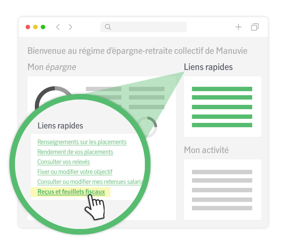 Représentation visuelle montrant aux membres comment accéder aux feuillets fiscaux d’épargne-retraite collective à partir des liens rapides de leur site sécurisé