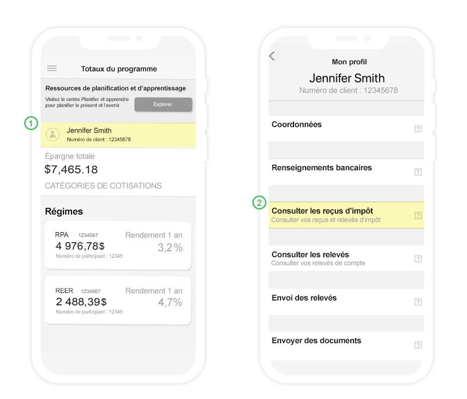 Deux captures d’écran d’iPhone côte à côte montrant aux membres comment accéder aux feuillets fiscaux d’épargne-retraite collective dans l’application Services mobiles Manuvie